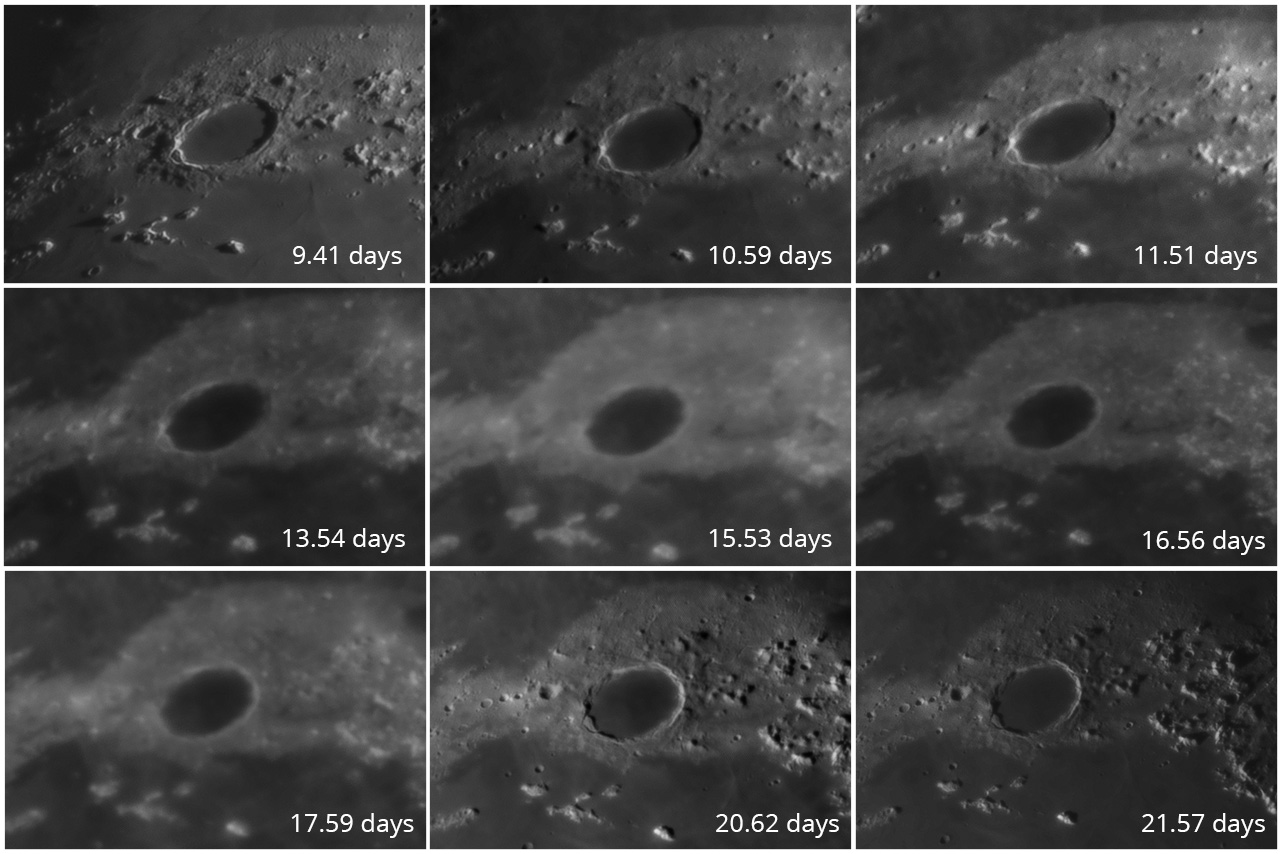 Crater Plato through 9 Lunar phases, Mark Phillips