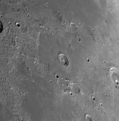 L34 Lacus Mortis Strange crater with rille and ridge