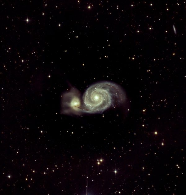 Whirlpool Galaxy or M51 (Ian Smith) Skywatcher 200p, NEQ6 mount, UV/IR Cut filter, Baader MPCC M3 coma corrector, ASI294MC Pro at -20C. NINA Observatory Software. 35 x 300 second (2 hours 55 minutes) at Gain 121, Offset 30, dithering every 3rd frame, 40 dark frames, 40 flat fields, 40 dark flat frames. Processed in APP, Topaz de-noise and Photoshop. 12th/13th April 2021.