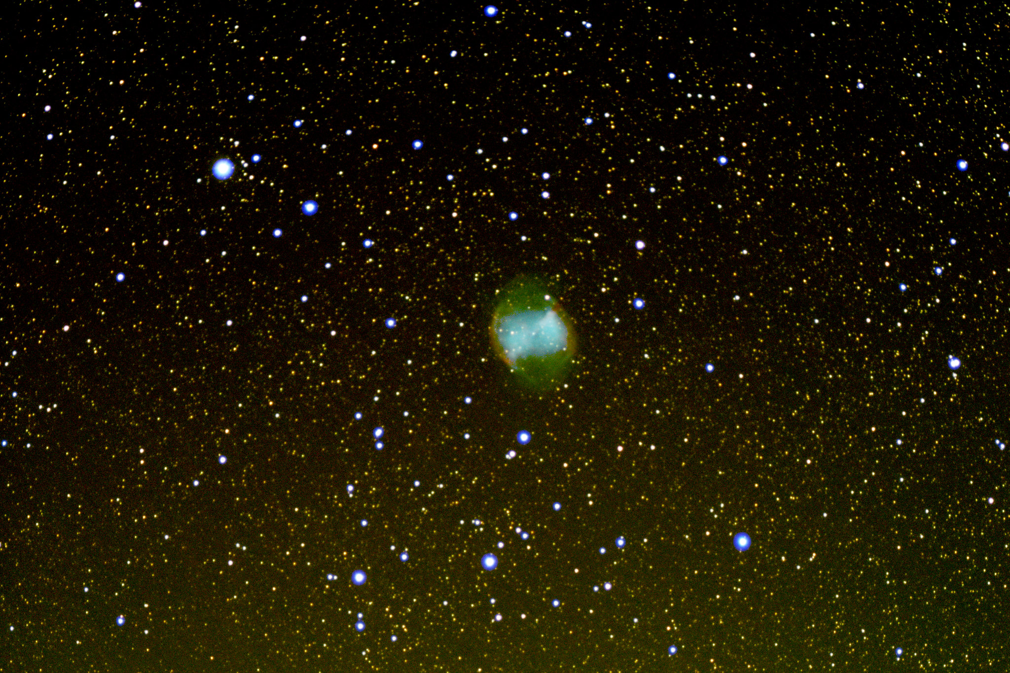 M27 Dumbbell Nebula (Jonathan Anderson) 4" f10 achro on HEQ5 Pro Canon 700d (umod) @ISO 1600 120x40sec + darks, flats etc. Processed DSS & GIMP