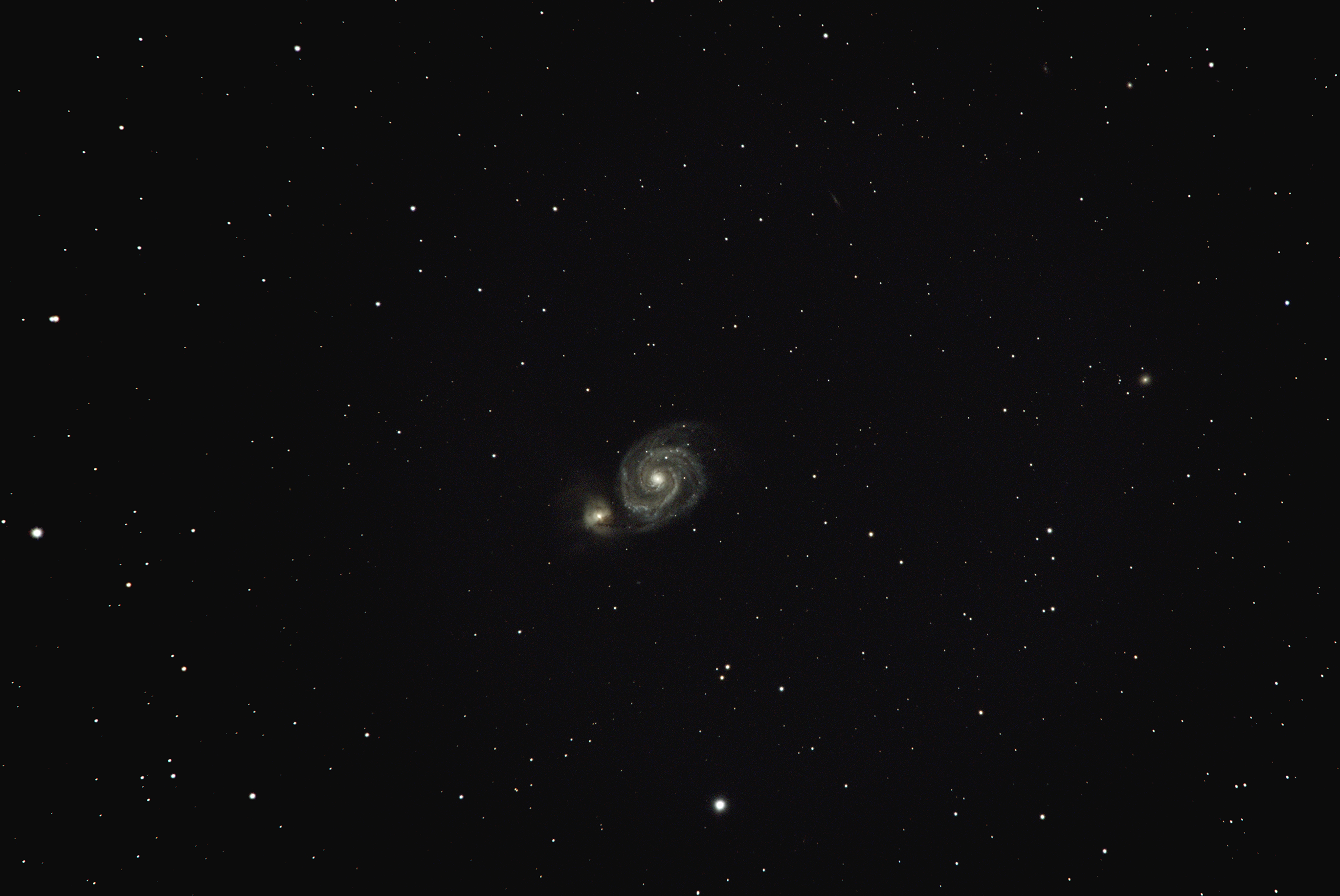 M51 (Ramsay McIver) Takahashi FSQ-106ED with a Tak x 1.6 adaptor and a Canon x 1.4 on a Celestron AVX unguided with a Canon Ra. 31 x 30s @ ISO 6400 and 25 x 15s @ ISO 25600 stacked in APP and processed in Photoshop. No flats or darks were used to make this image. I think using the Tak 1.6 and the Canon 1.4 is just about taking the magnification as far as I can go, similar to a 1187mm lens on a FF camera.