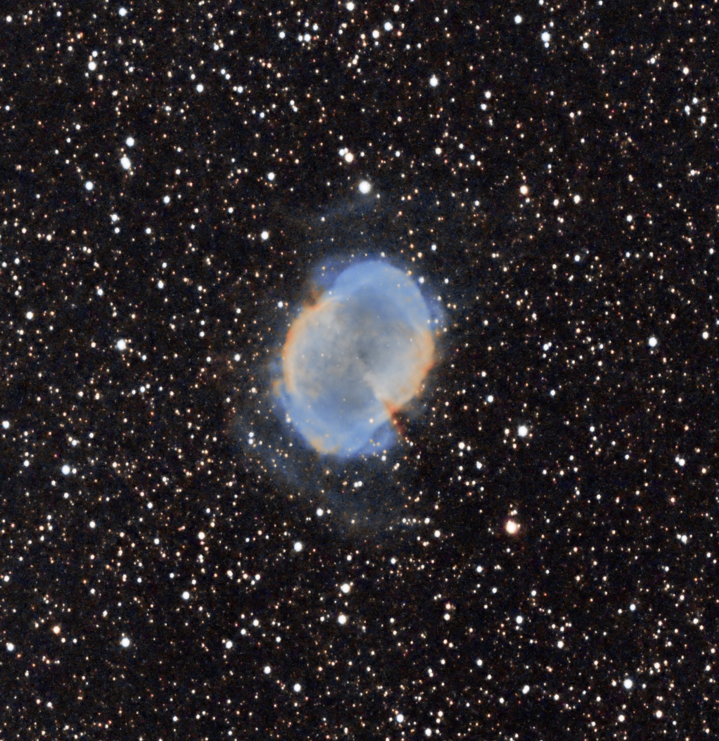 M27 Dumbbell nebula (Pat Devine) July 18th 2021 Celestron RASA 8" ZWO 183mc pro IDAS NBZ filter ZWO air pro Sky-Watcher HEQ5 Pro 35 x 60s lights with darks, flats and bias frames., cropped. Gain 122 at -10C processed in APP and Pixinsight
