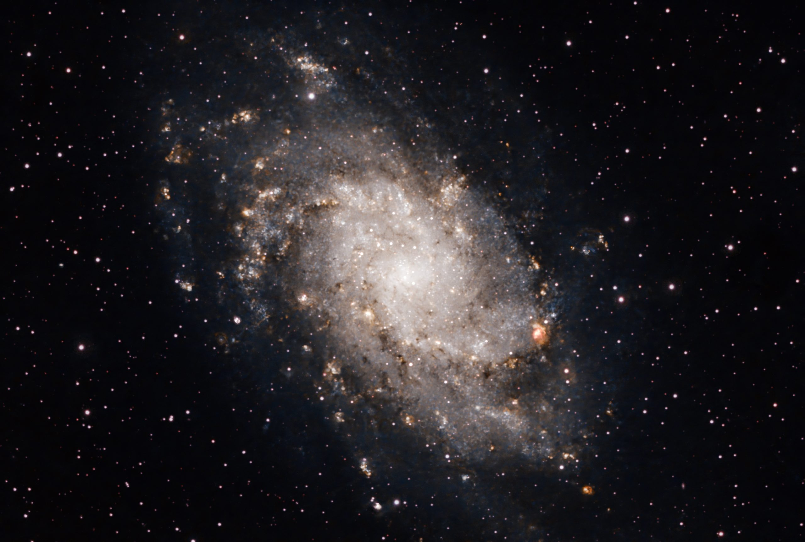 M33 (Ian Smith) Skywatcher 190MN, NEQ6 mount, Altair Tri-band filter, ASI294MC Pro at -20C. 11 x 5 minute exposures (55 minutes) at Gain 120, Offset 30, 50 dark frames, 50 flat fields and 50 dark flat frames. Processed in APP, Pixinsight and Photoshop. Imaged whilst waiting on the Cave nebula to pass the meridian 17:25 - 18:23 UTC, 5th December 2021.
