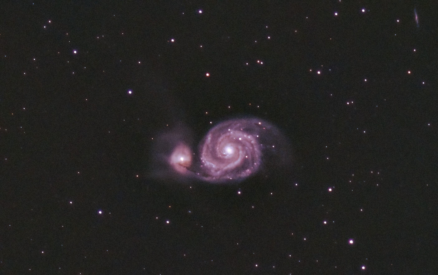 M51 (Nigel Goodman) 030122 102ED 294C 0.75 red. LProMax 180s 391g 20ofs -15C (1 of 1)-DeNoiseAI-standard Imaged using 102 Ed and reducer which perhaps wasn't best for the target. As it is I heavily cropped the image.