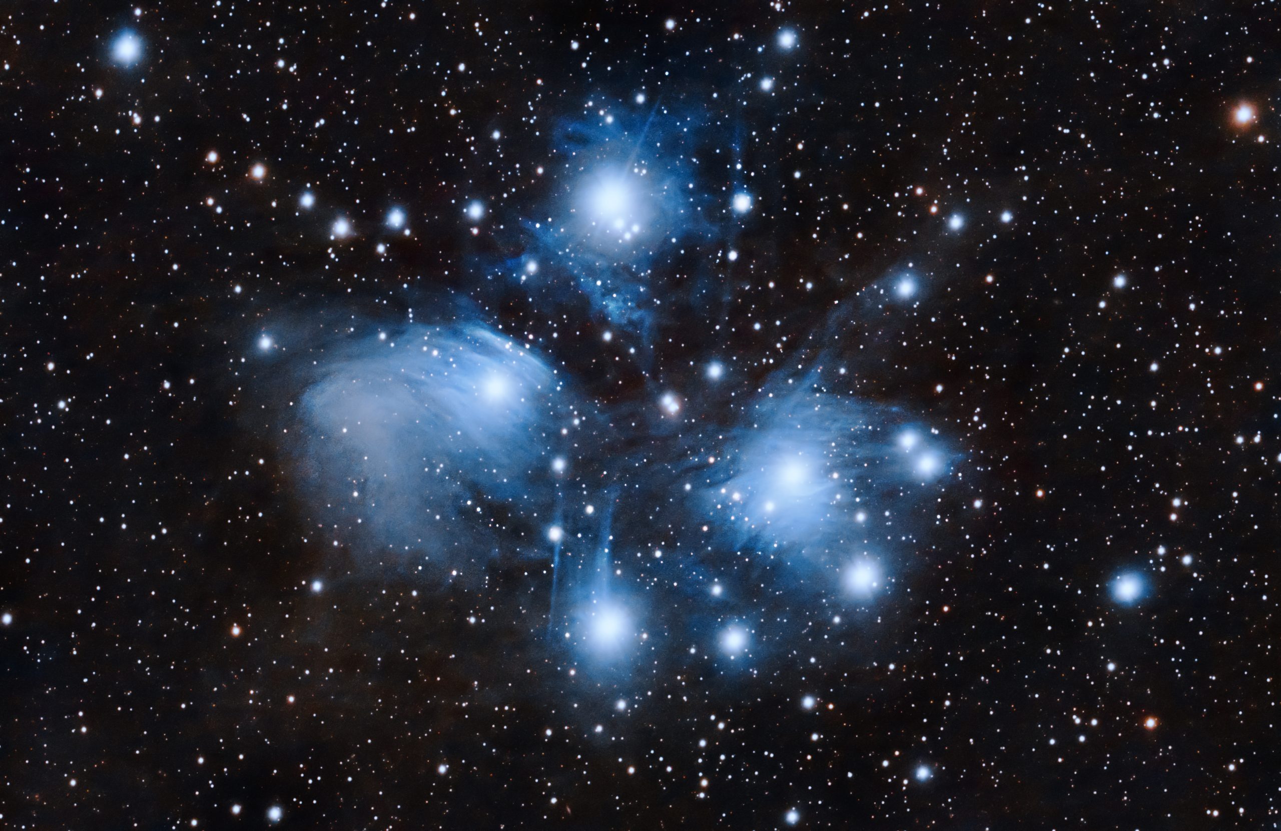 M45 - The Pleiades (Pat Devine) February 7th 2022 from 19.45 Edinburgh Bortle 7/8 zone Celestron RASA 8" ZWO 183mc pro ZWO EAF Optolong l-pro ZWO air pro Sky-Watcher HEQ5 Pro 300 x10ss lights with flats, darks and bias Gain 122 at -10C Processed in APP , Pixinsight and Photoshop