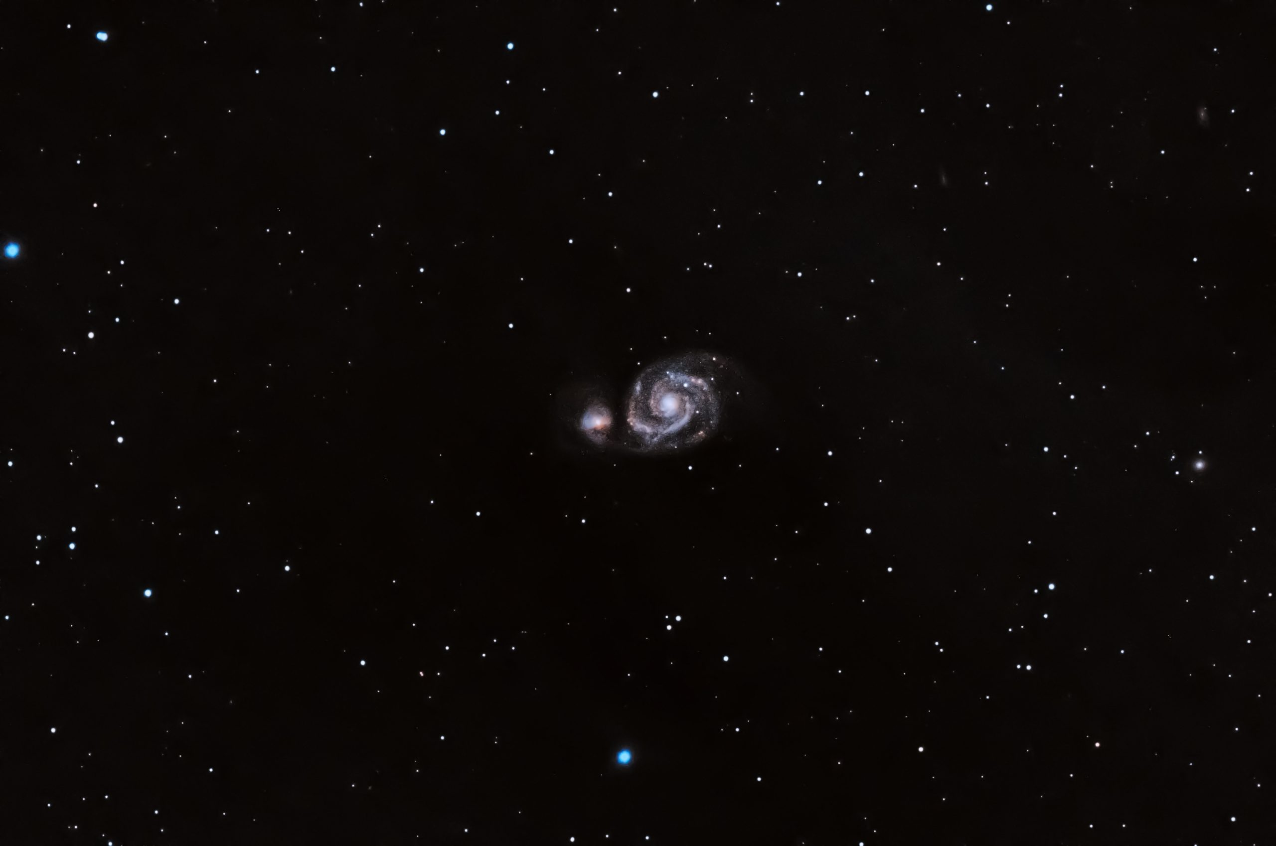 M51 - Narrowband (Pat Devine) January 20th 2022 Edinburgh Bortle 8 zone Celestron RASA 8" ZWO 183mc pro ZWO EAF IDAS NBZ ZWO air pro Sky-Watcher HEQ5 Pro 28*120s lights with flats, darks and bias Gain 122 at -10C Processed in APP , Pixinsight and Photoshop