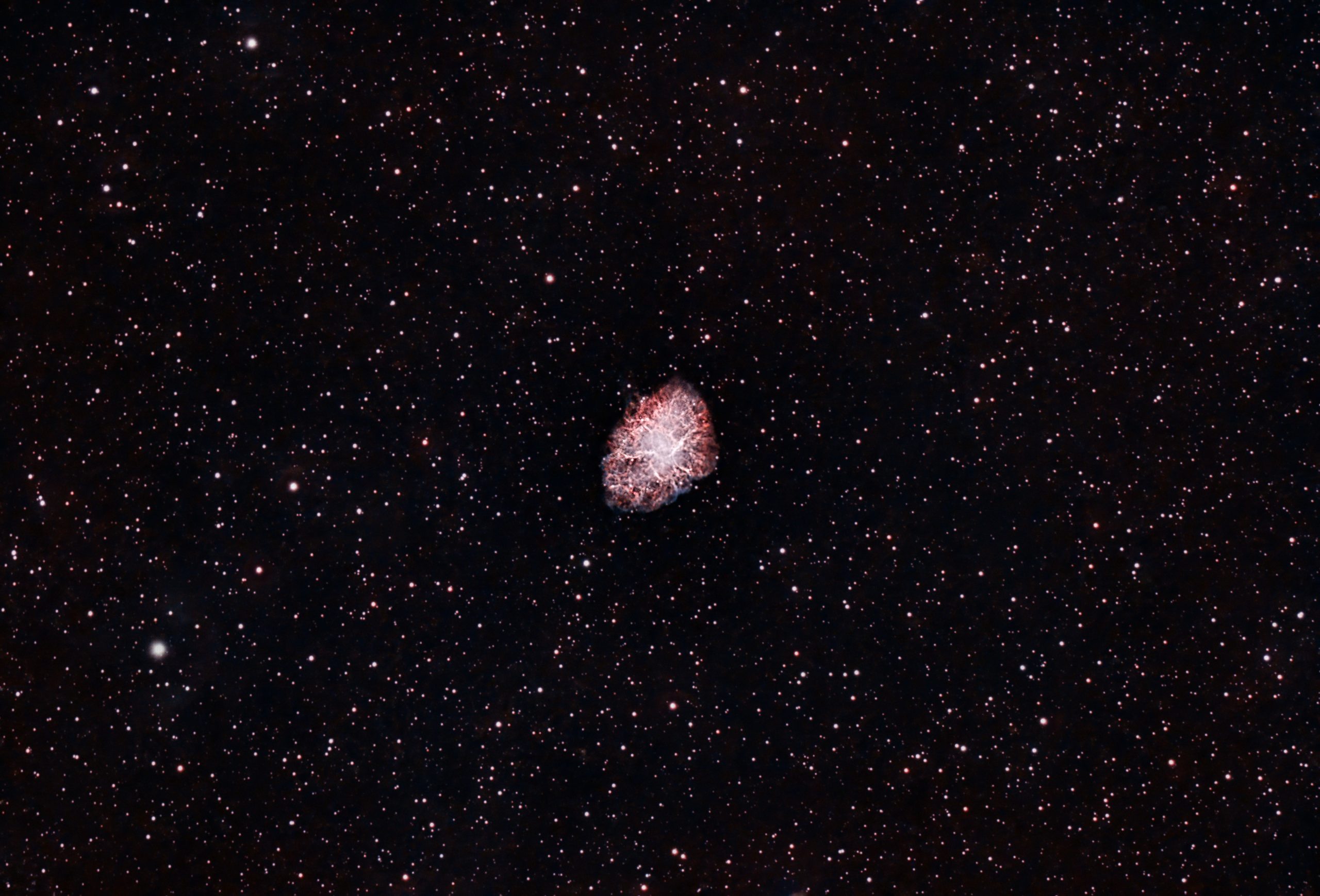 Crab Nebula or M1 (Ian A Smith) Skywatcher 190MN, NEQ6 mount, Altair Tri-band filter, ASI294MC Pro at -20C. 21 x 5 minute exposures (1 hours 45 minutes) at Gain 120, Offset 30, 50 dark frames, 50 flat fields and 50 dark flat frames. Processed in APP, Pixinsight Topaz denoise and Photoshop. Collected between 22-18 and 0-13 on the 5th and 6th of March, 2022.