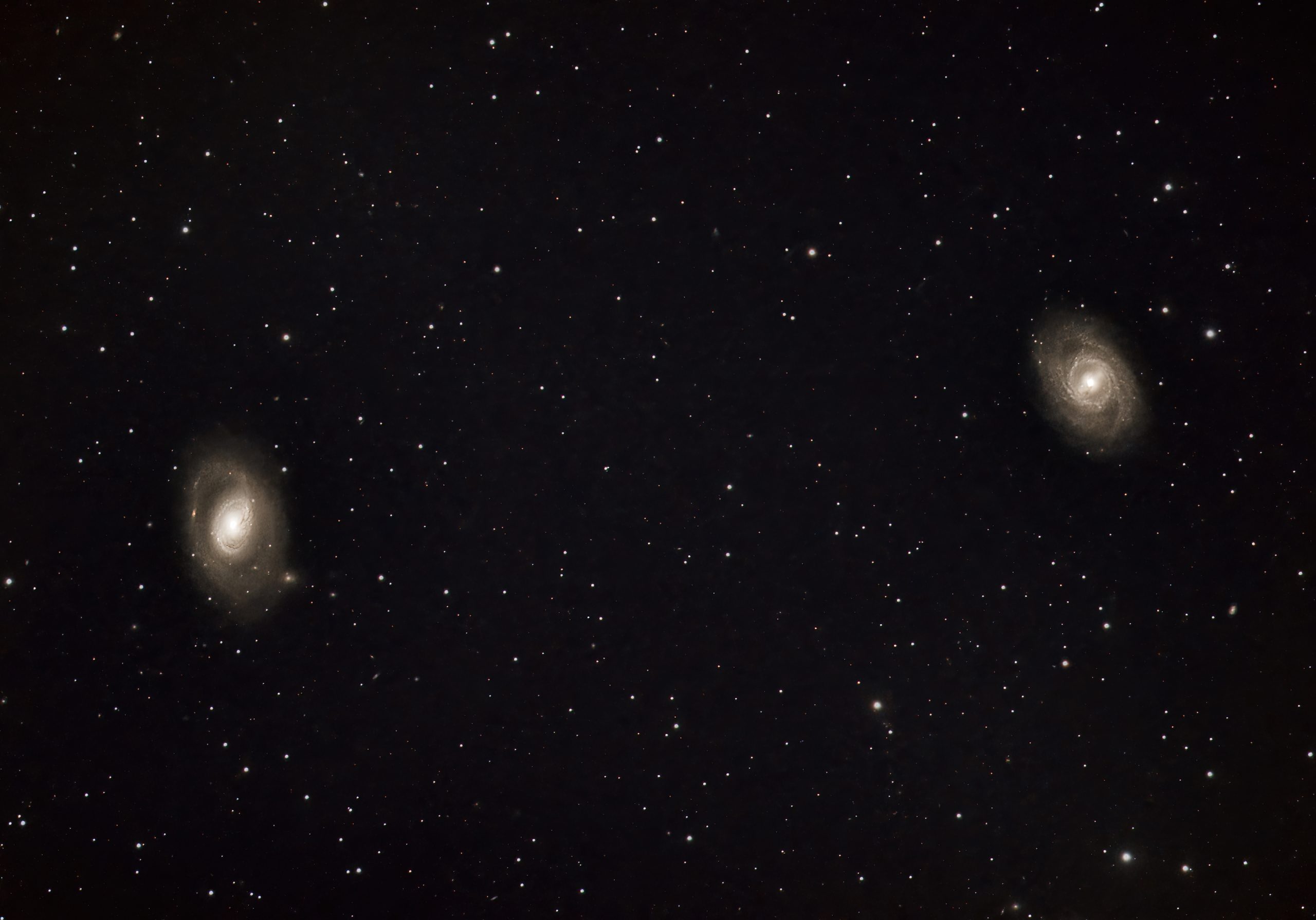 M96 and M95 Galaxies (Ian A Smith) M96 on the left Skywatcher 190MN, NEQ6 mount, CCD-CLS filter, ASI294MC Pro at -20C. 24 x 5 minute exposures (2 hours ) at Gain 120, Offset 30, 50 dark frames, 50 flat fields and 50 dark flat frames. Processed in APP, Pixinsight Topaz denoise and Photoshop. Collected between 0:45 and 2:44 on the 6th of March, 2022.
