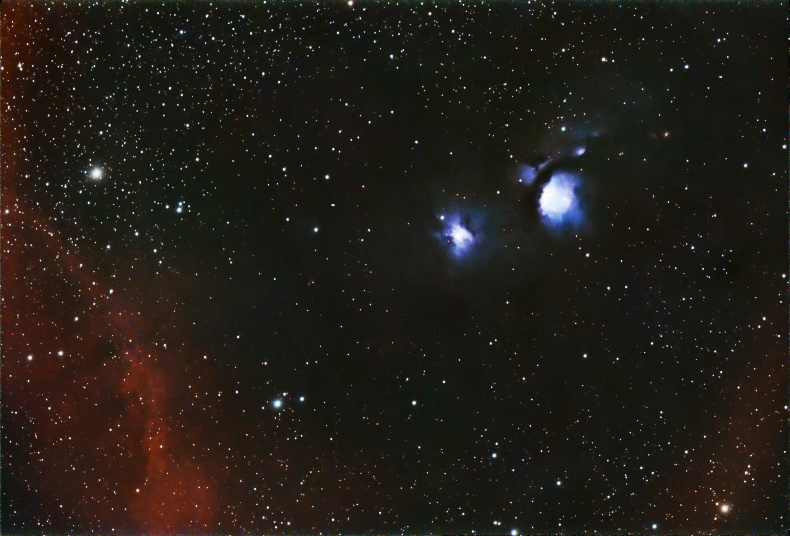 M78 Region (Pat Devine) M78 top right, NGC2027(centre) and Barnards loop bottom left February 6th 2022 from 20:39 Edinburgh Bortle 7/8 zone Celestron RASA 8" ZWO 183mc pro ZWO EAF Optolong Lpro ZWO air pro Sky-Watcher HEQ5 Pro 100*30s lights with flats, darks and bias Gain 122 at -10C Processed in APP , Pixinsight and Photoshop