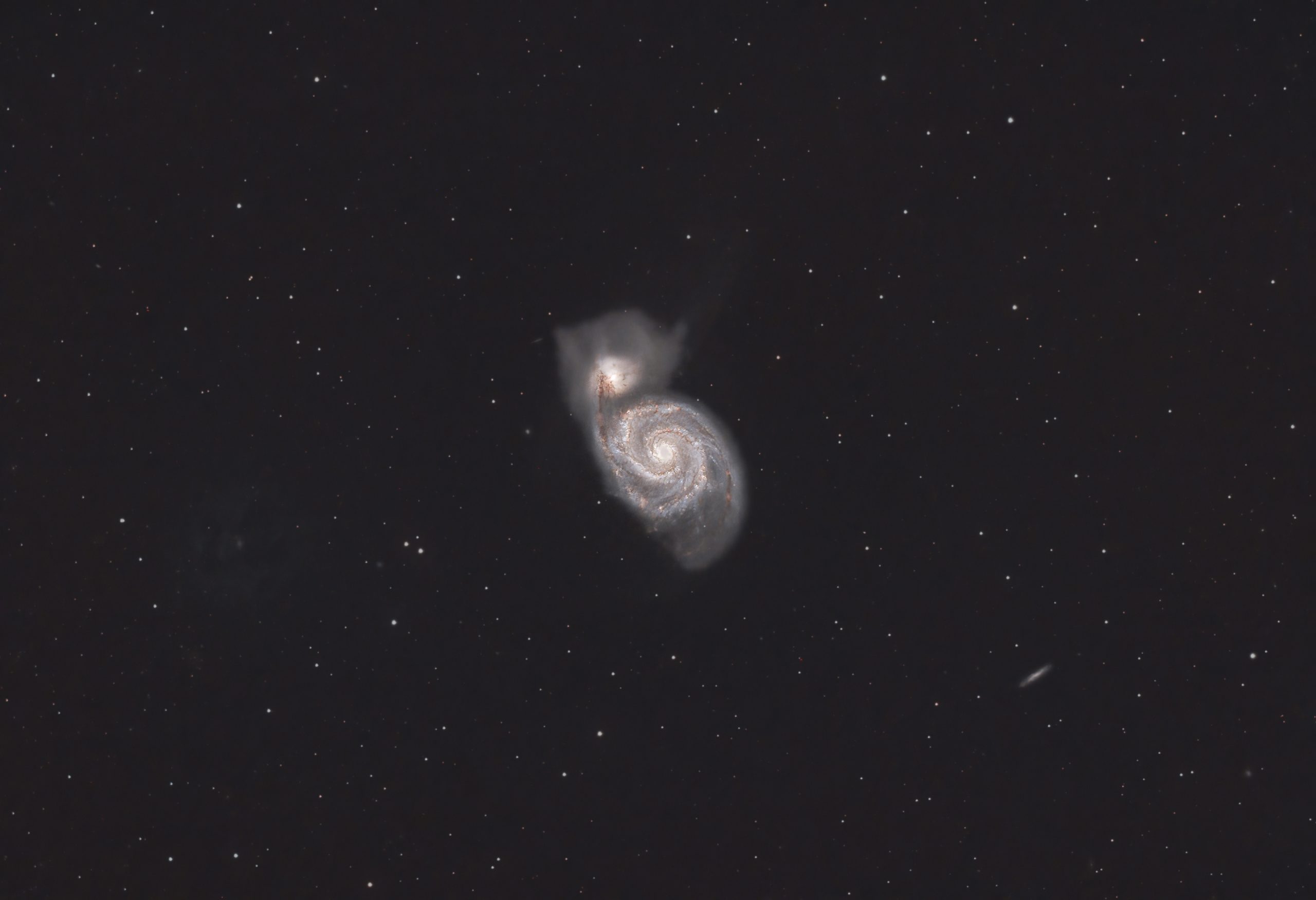Whirlpool Galaxy or M51 (Ian A Smith) and IC4263 galaxy towards the bottom right. Skywatcher 190MN, NEQ6 mount, Altair Tri-|Band filter, ASI294MC Pro at -20C. 20 x 5 minute exposures (1 hour 40 minutes ) at Gain 120, Offset 30, 50 dark frames, 50 flat fields and 50 dark flat frames. Processed in Pixinsight Topaz denoise and Photoshop. Collected between 2:34 and 4:06 on the 25th of March, 2022.