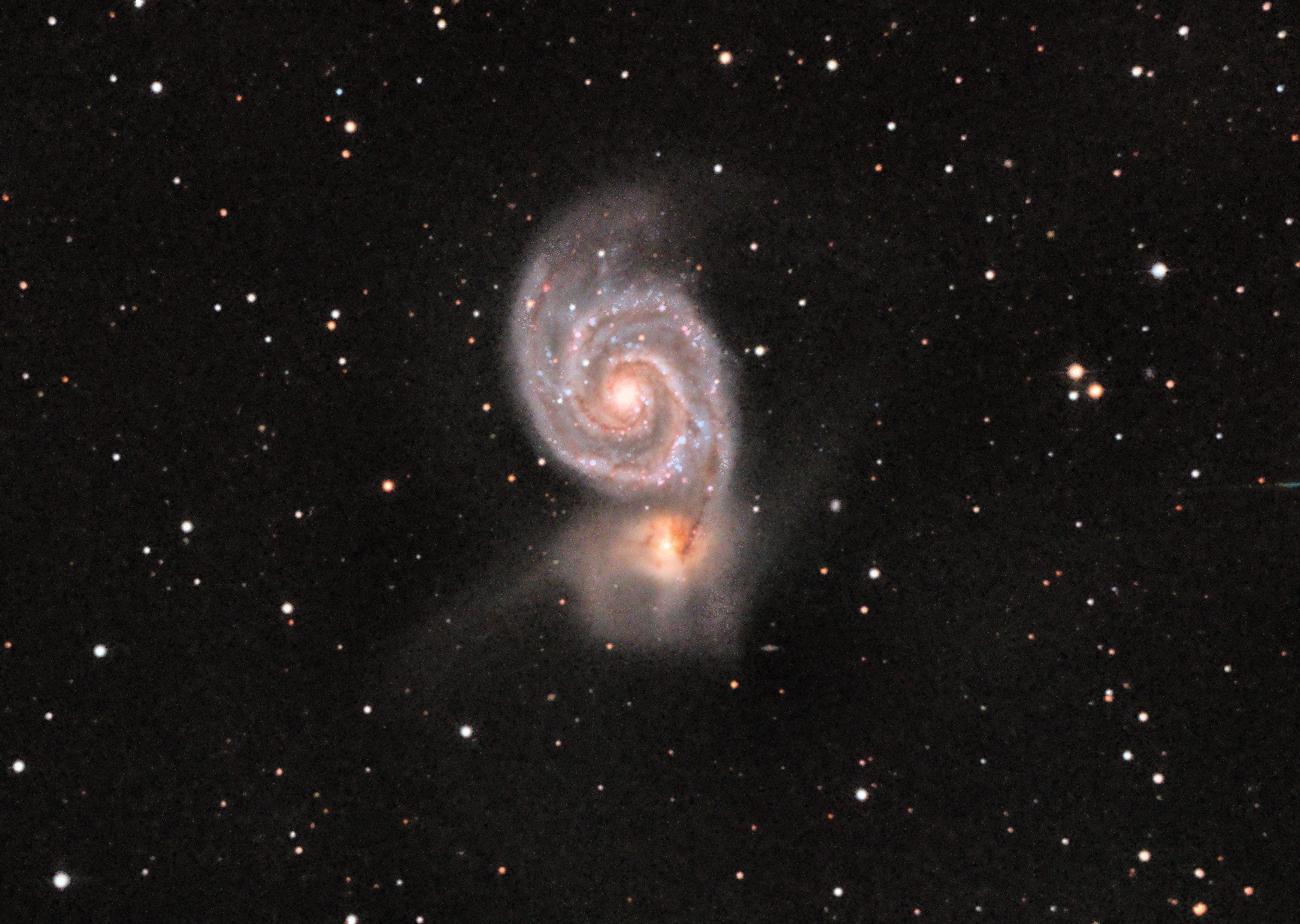M51 (Mike McGovern) Messier 51, taken on 23rd March 2022. Taken with a SkyWatcher Explorer 300PDS on a SkyWatcher EQ6-R mount, ZWO ASI294MC Pro with Optolong L-Pro filter, 59 x 120s exposures in NINA, darks, dark flats and flats, stacked in APP and processed using StarTools and GIMP.