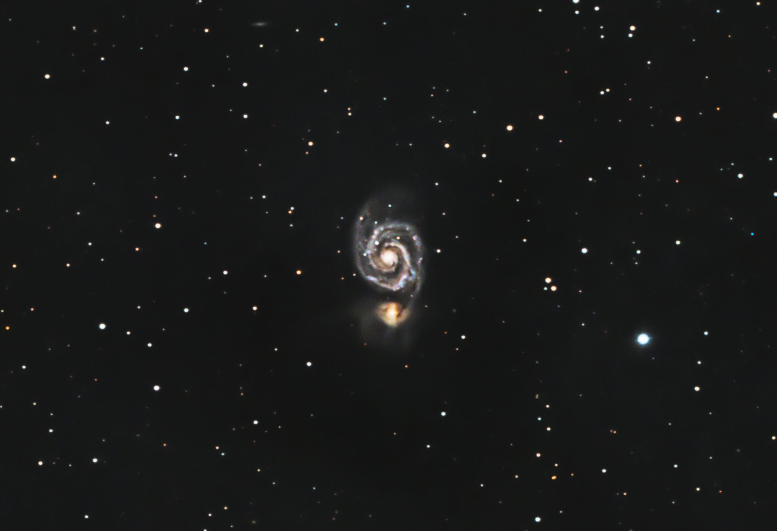 M51 (Pat Devine) March 25th 2022 from 22:15 Edinburgh Bortle 7/8 zone Celestron RASA 8" ZWO 183mc pro ZWO EAF Optolong l-Pro filter ZWO air pro Sky-Watcher HEQ5 Pro 188*30s lights with flats, darks and bias Gain 122 at -10C Processed in APP , Pixinsight and Photoshop