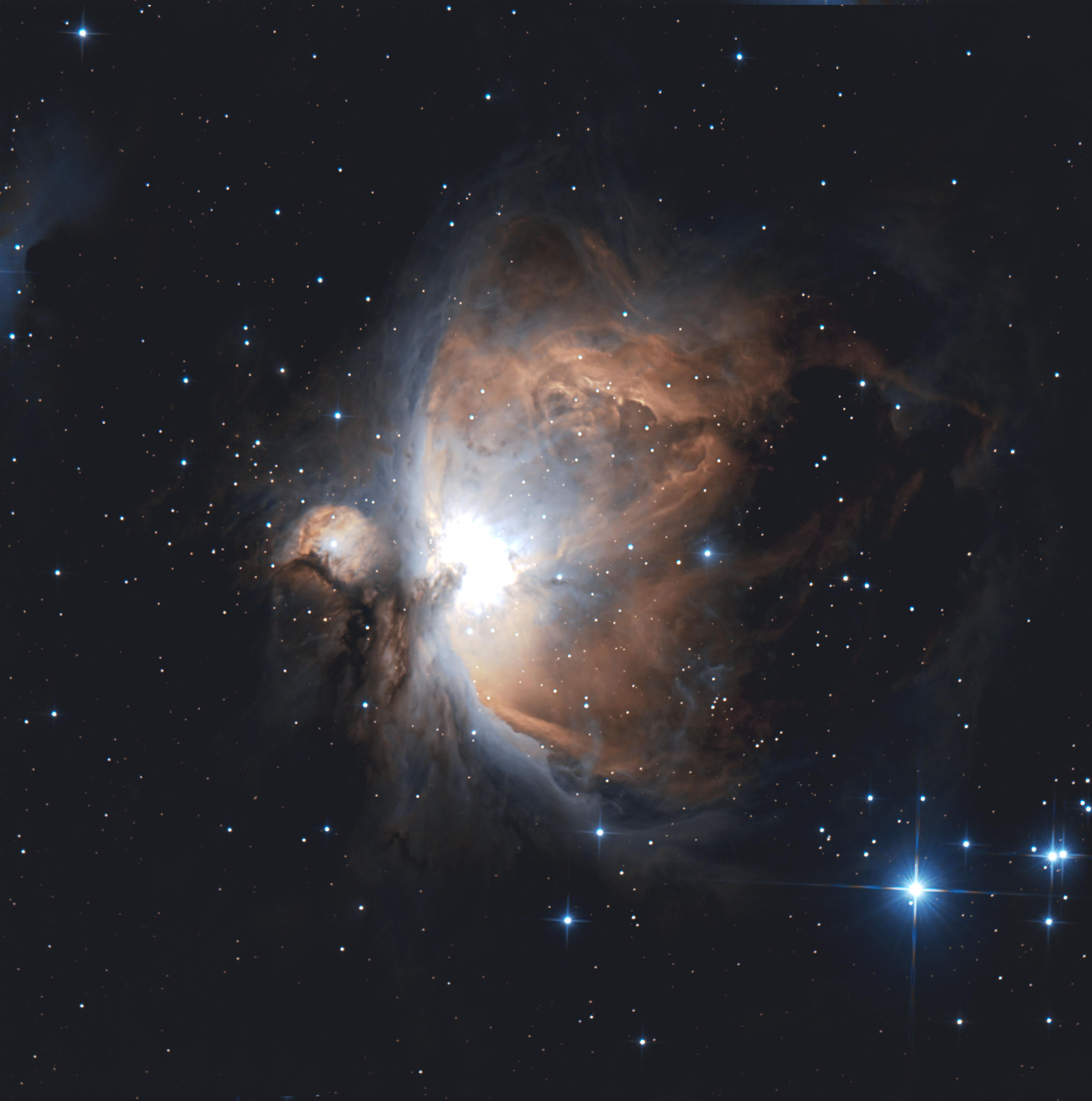 M42 Orion Nebula (harveys art) Capture Details. 300s_OIII_Lpro-RGB-session_1 Telescope ts-photon 6" f/4 advanced Newtonian Camera - ASI 533MC Mount - Ioptron Gem NUC Exposure _ 36 x 300s Filter L-pro Max Calibration- Darks, Flats & Bias Processing- APP, Afinity Photo