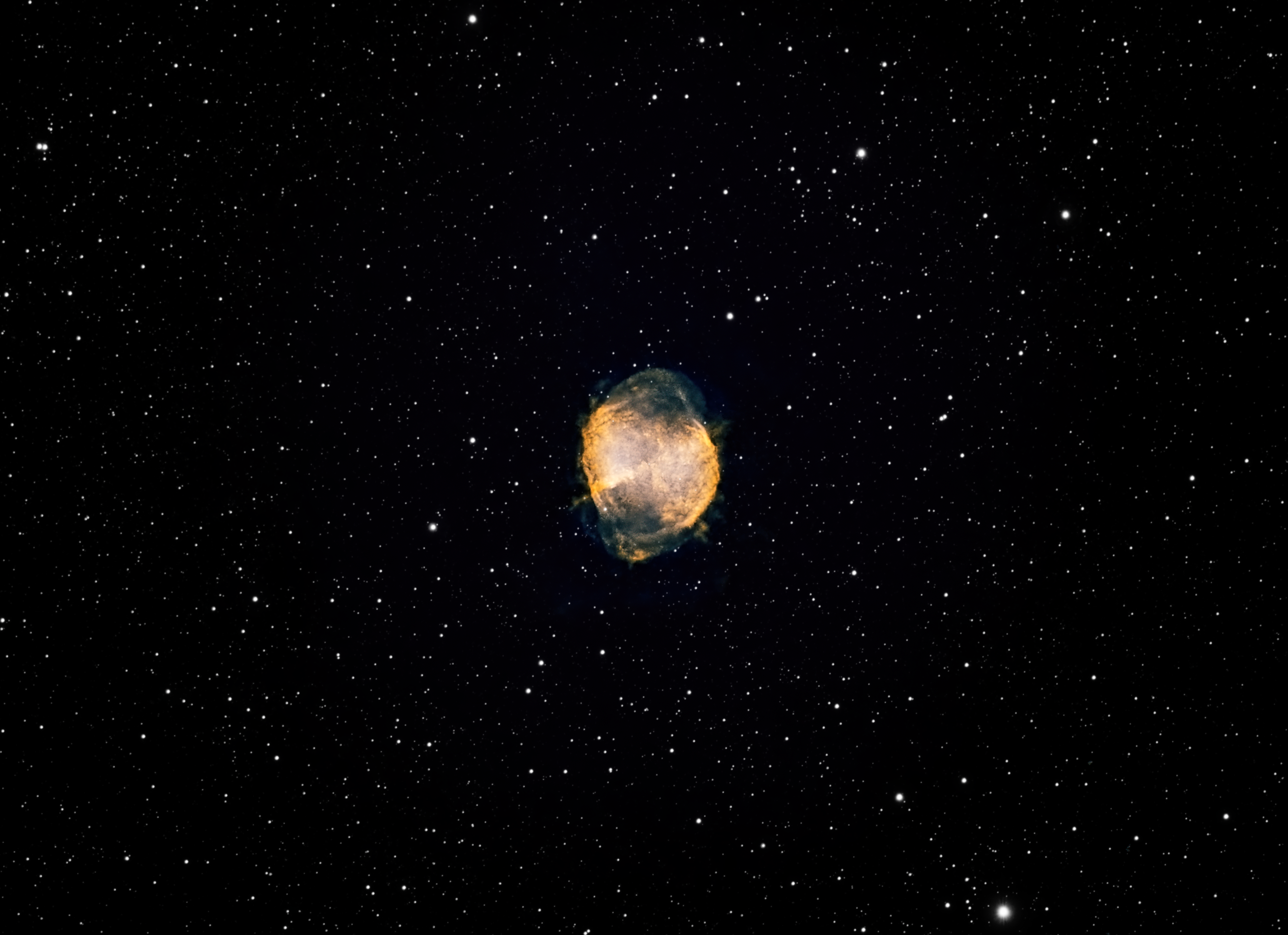 M27 (Ian A Smith) Skywatcher 190MN telescope, Ioptron CEM70 NUC mount, Altair Tri-Band filter, ASI2600MC Pro at -20C. 34 x 2 minute exposures (1 hour 8 minutes) at Gain 100, Offset 50, 50 dark frames, 50 flat fields and 50 dark flat frames. Processed in Pixinsight, Topaz denoise, and Photoshop. Collected between 20:16 and 21:37 on the 5th of November 2022.