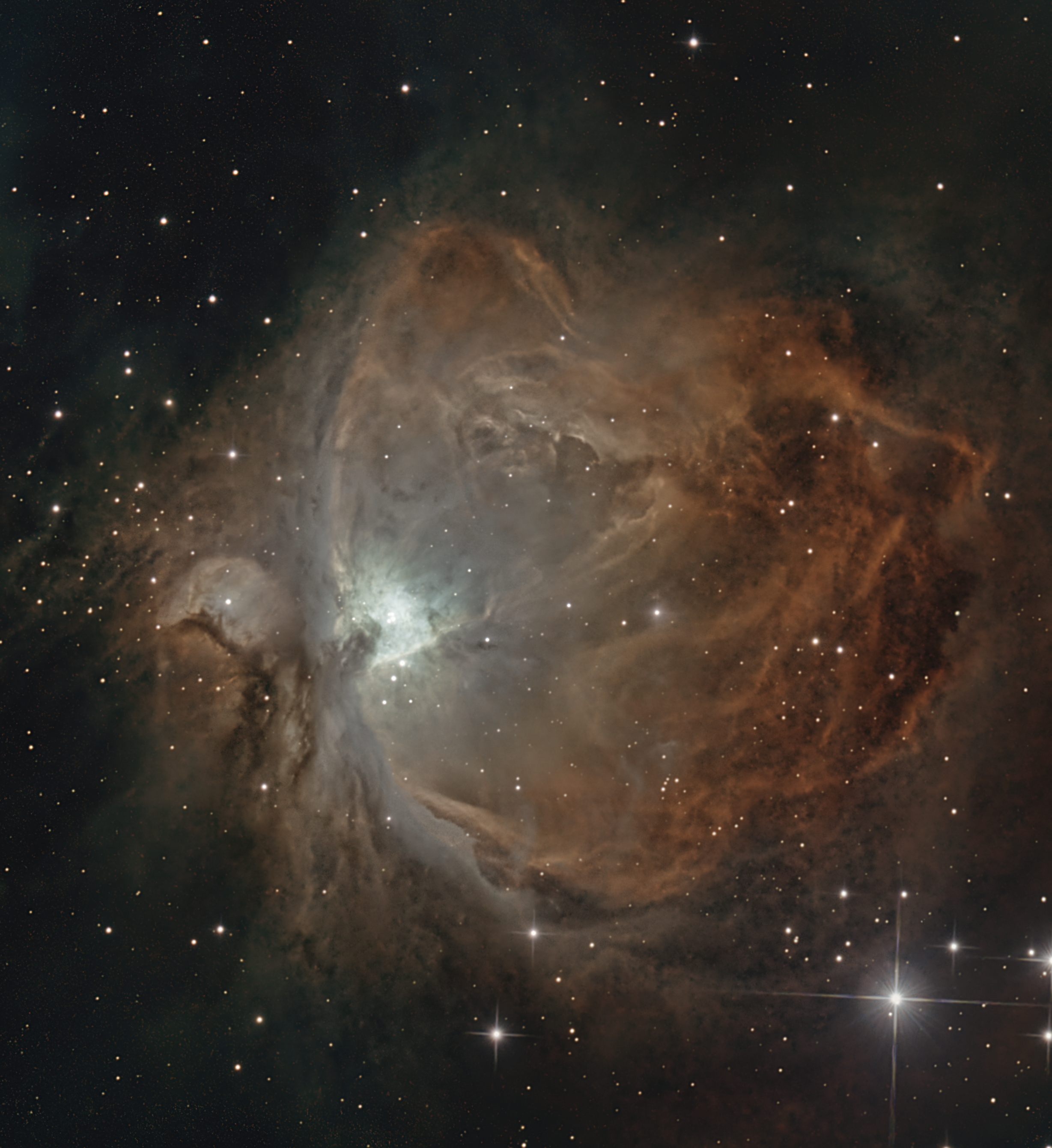 M42 (Harvey's Art) Hubble Pallet Variation 2 Data during 13,15/Nov/22 27 Lights 5mins each. Stc Duo filter 11 X 4s 11 X 8s, 8 X 19s SII filter - ?quantity X 300s Telescope Ts-photon 6" f/4, Mount Ioptron GEM45NUC Camera ASI533MC. gain 101 offset 40 Pre process APP, post Affinity Photo