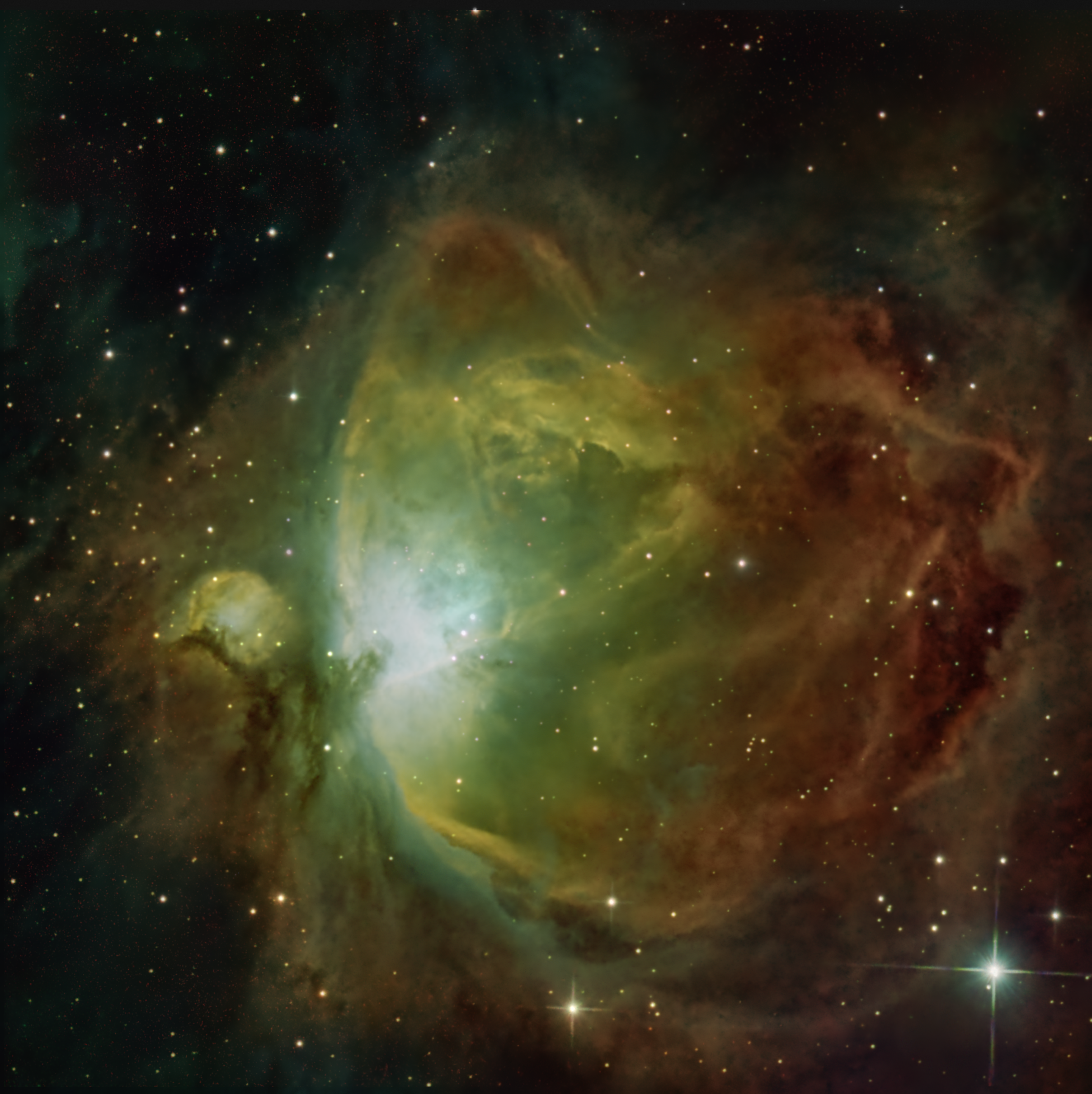 M42 (Harvey's Art) Hubble Pallet Variation 1 Data during 13,15/Nov/22 27 Lights 5mins each. Stc Duo filter 11 X 4s 11 X 8s, 8 X 19s SII filter - ?quantity X 300s Telescope Ts-photon 6" f/4, Mount Ioptron GEM45NUC Camera ASI533MC. gain 101 offset 40 Pre process APP, post Affinity Photo.