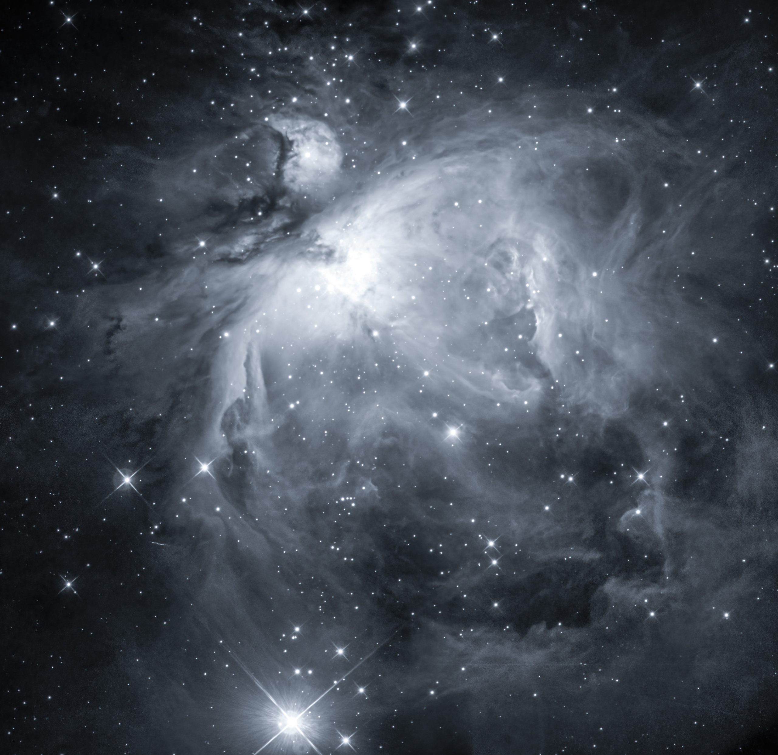 M42 4-pane mosaic (Mark Phillips) Annual pilgrimage to M42. This time a 4-pane mosaic and an R-photometric filter. 250mm f4.8 Newtonian, MPCC Atik 460Ex @-10°C R filter 10x180s each pane Captured in NINA Processed in APP, Photoshop
