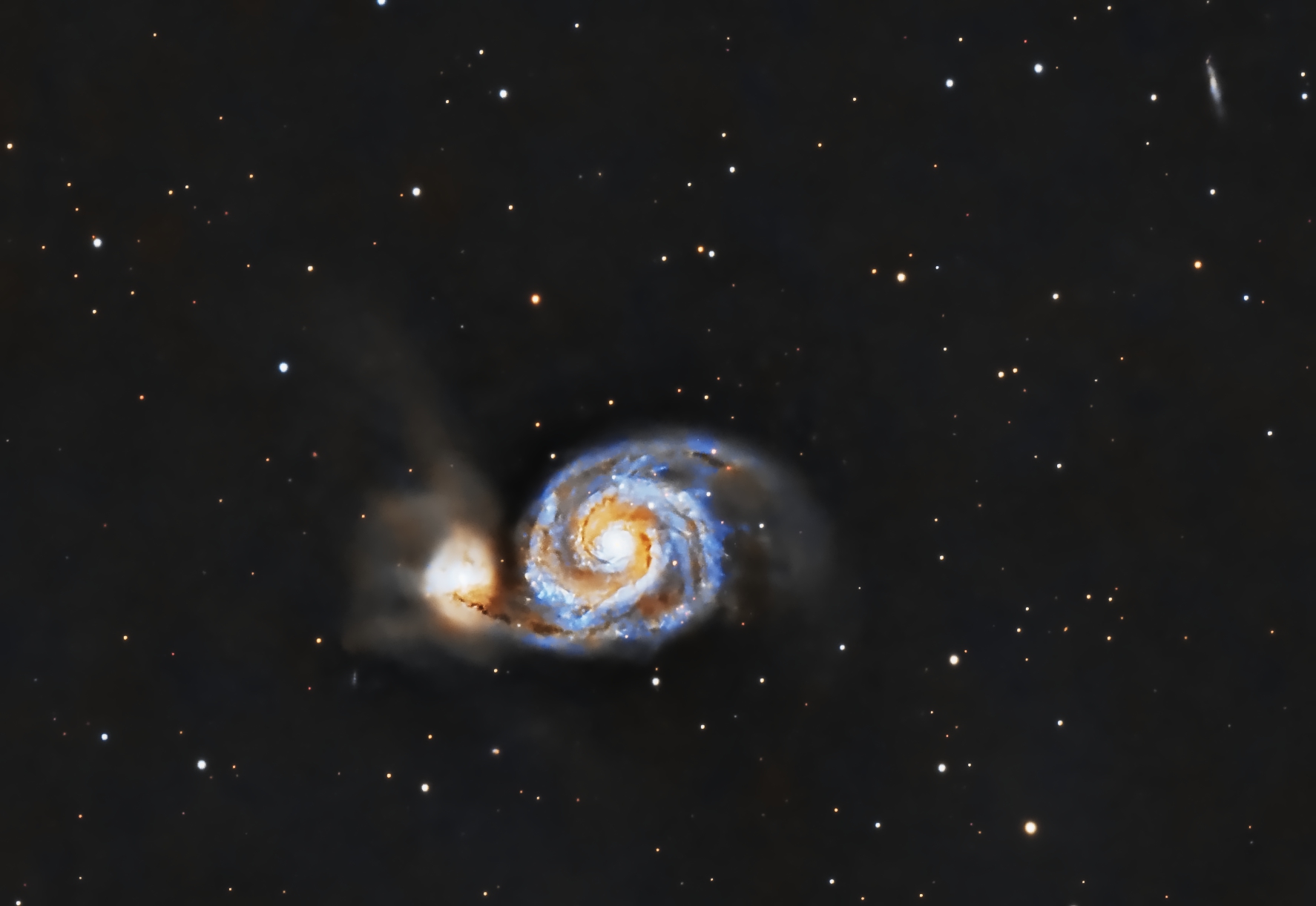 M51 Whirlpool Galaxy (Pat Devine) Discovered by Charles Messier in 1773, M51 is located 31 million light-years from Earth in the constellation Canes Venatici. It has an apparent magnitude of 8.4 Also in this image IC4263 (top right), NGC5195 (also known as Messier 51b or M51b) is a dwarf galaxy that is interacting with M51, IC4277 and IC4278 (just below NGC5195) Mar 2022, Jan and April 2023 Celestron RASA 8" ZWO183mc pro ZWO EAF Optolong l-Pro ZWO air pro Sky-Watcher HEQ5 Pro 138 x30s and 69 x120s (3.25 hrs total) Lights, Flats , Darks and Bias. Gain 122 at -10C Processed in Pixinsight and Photoshop