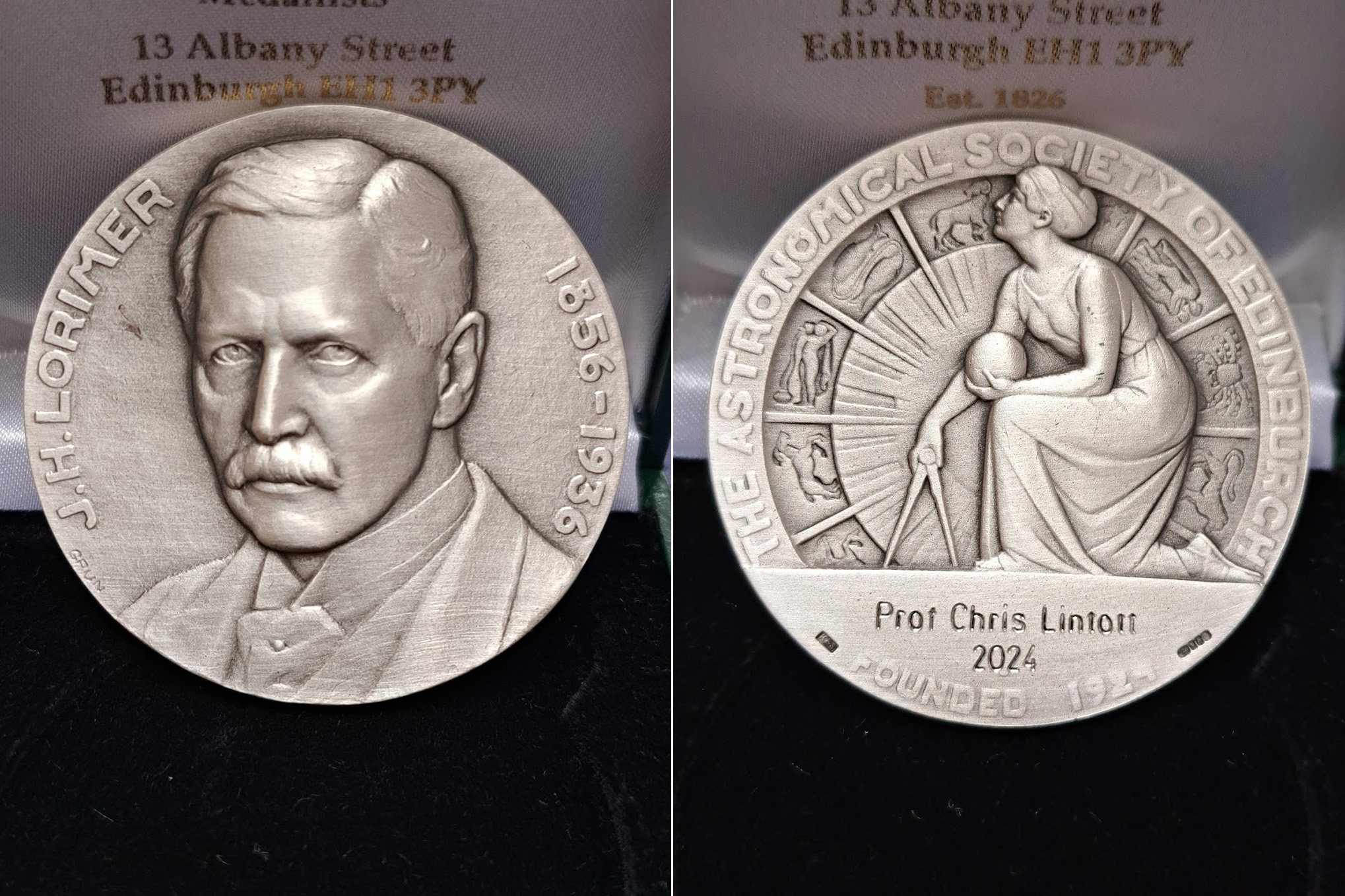 Lorimer Medal with likeness of John Henry Lorimer on one side and the Muse Urania on the other, inscribed with Prof Chris Lintott
